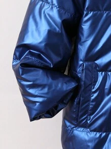 Young Boy 1pc Letter Patched Detail Zipper Hooded Padded Coat Winter - Blue - View 4