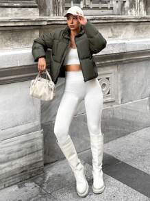 RueChic Slant Pocket Zip Up Puffer Coat - Dark Green - View 5