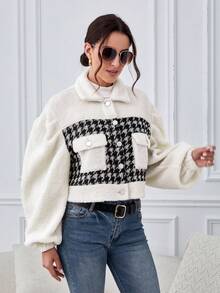 SHEIN Tall Houndstooth Print Drop Shoulder Teddy Jacket - Multicolor - View 5