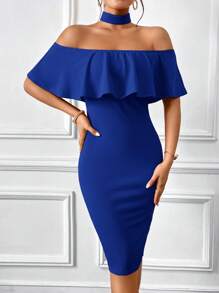 SHEIN Privé Ruffle Trim Bodycon Dress - Royal Blue - View 3