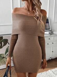 SHEIN LUNE Off Shoulder Foldover Bodycon Sweater Dress Fall Cloth For Women - Brown - View 5