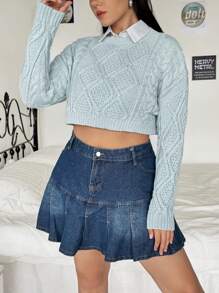 SHEIN EZwear 大碼1入組麻花編織落肩袖短款毛衣不附帶系帶 - 藍色 - 查看 3