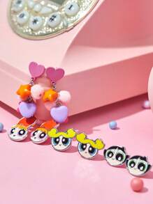 THE POWERPUFF GIRLS X SHEIN 3 cặp/bộ Nhân vật hoạt hình Trang trí Hoa tai - Nhiều màu - Xem 4