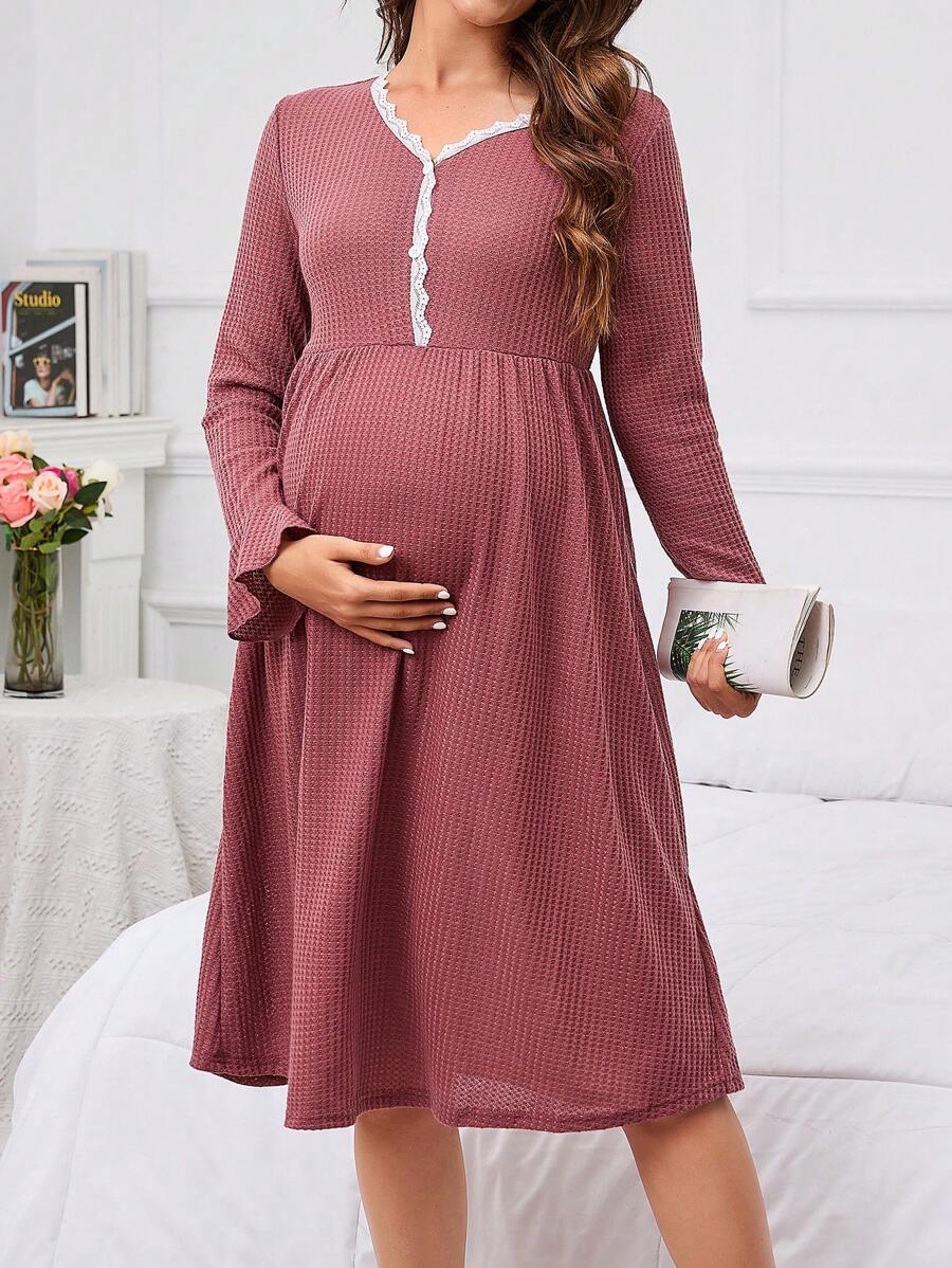 SHEIN Thai sản Trang trí ren Dệt kim Waffle Váy ngủ - Gỗ đỏ - Xem 1