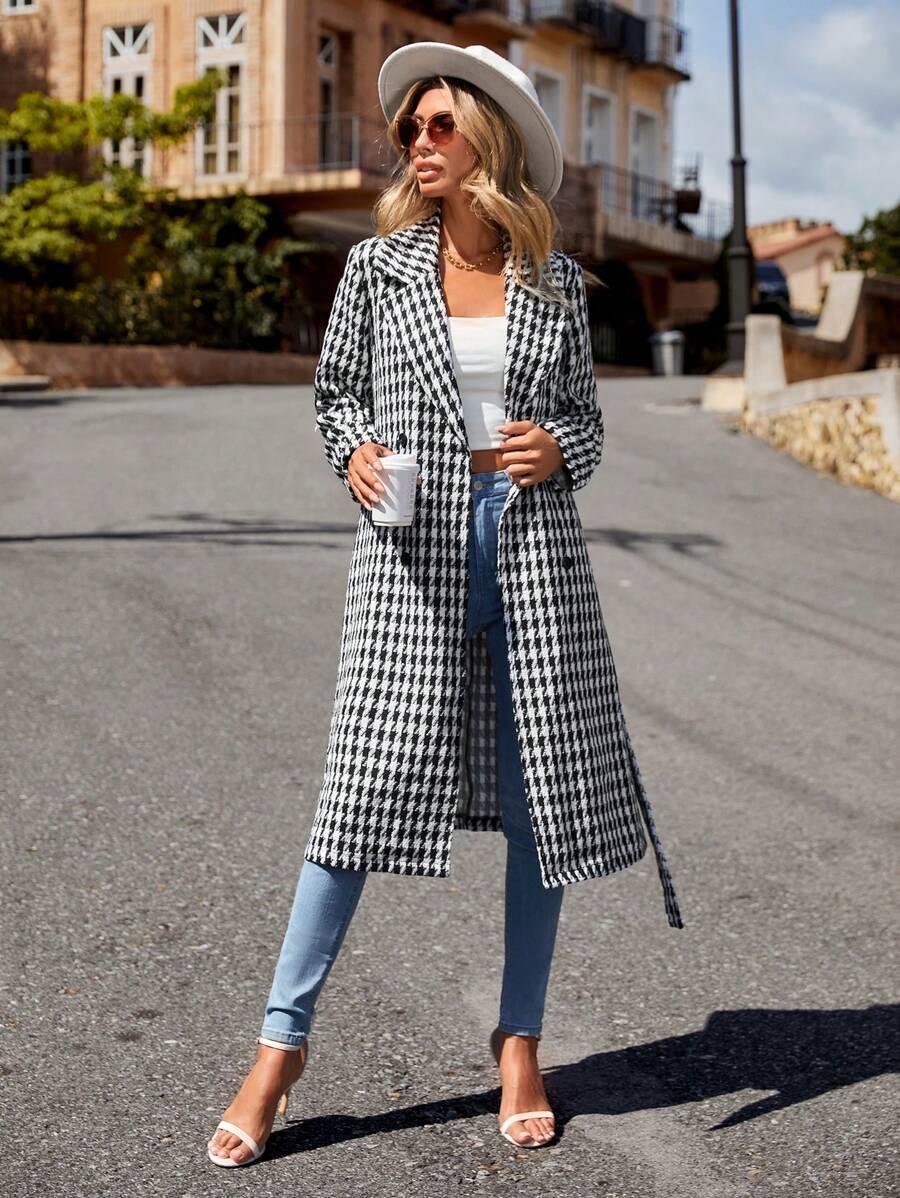 SHEIN Frenchy 千鳥格印花雙排釦腰帶花呢外套 - 黑與白 - 查看 1