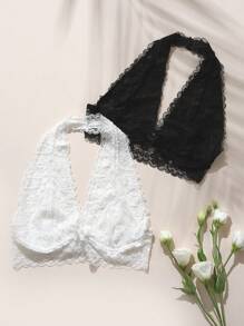 SHEIN 2 Packs Floral Lace Halter Bra Set Lingerie - Black and White - View 9