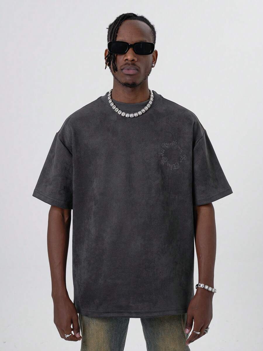 Men Letter Graphic Drop Shoulder Tee - Dark Grey - View 1