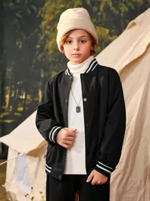 SHEIN Tween Boy 1pc Cartoon Graphic Striped Trim Slant Pockets Drop Shoulder Varsity Jacket - Black - View 3