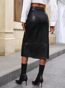 Chiquease Cao eo Tách đùi chất liệu da PU Váy - màu đen - Xem 2