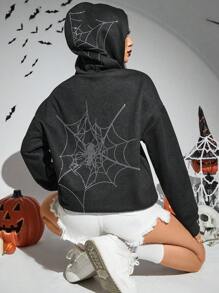 PUNK In mạng nhện Thả vai Hoodie - màu đen - Xem 6