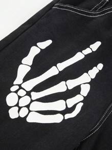 青少年女孩萬聖節骷髏手掌圖案闊腿牛仔褲 - 黑色 - 查看 3
