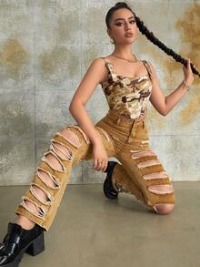 Y2K Street Camo Print Lace Up Backless Crop Shapewear Corset Top - Multicolor - View 3