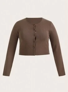 SHEIN BASICS 大碼前紐扣短款開衫 - 咖啡棕 - 查看 3