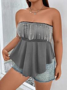 Allurite Plus Fringe Trim Peplum Tube Top - Grey - View 8
