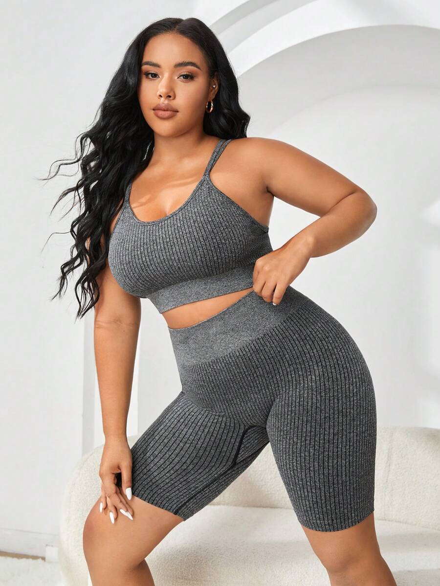 Plus Solid Rib Knit Sports Set - Grey - View 1