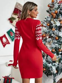 SHEIN Maternity Geo Pattern Belted Bodycon Sweater Dress With Long Sleeve, For Winter - Multicolor - View 2