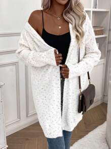 SHEIN LUNE Marled Knit Drop Shoulder Hooded Duster Cardigan - White - View 4