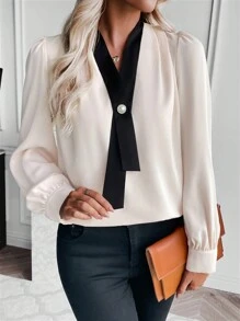 SHEIN Clasi Contrast Trim Lantern Sleeve Blouse - Apricot - View 4