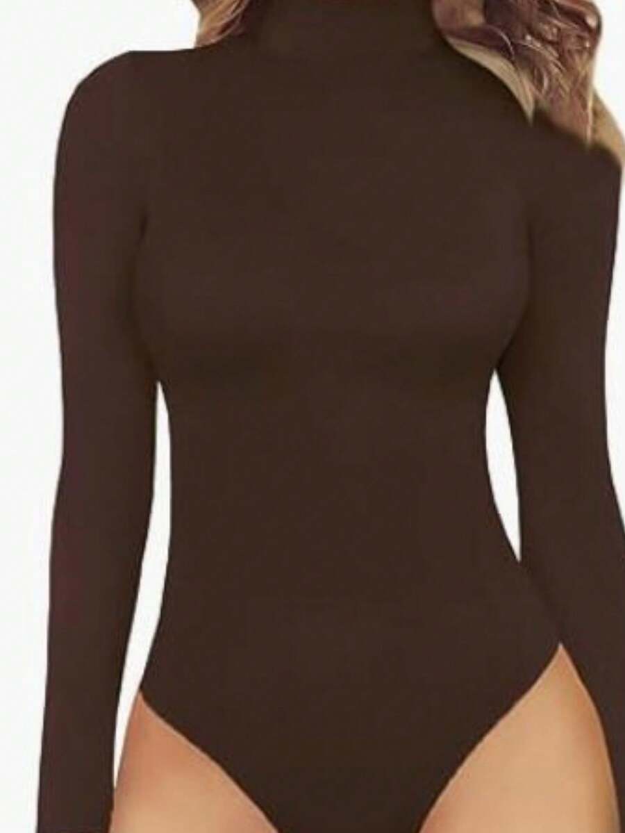 INAWLY Solid High Neck Bodysuit Fall Cloth For Women - Coffee Brown - View 1