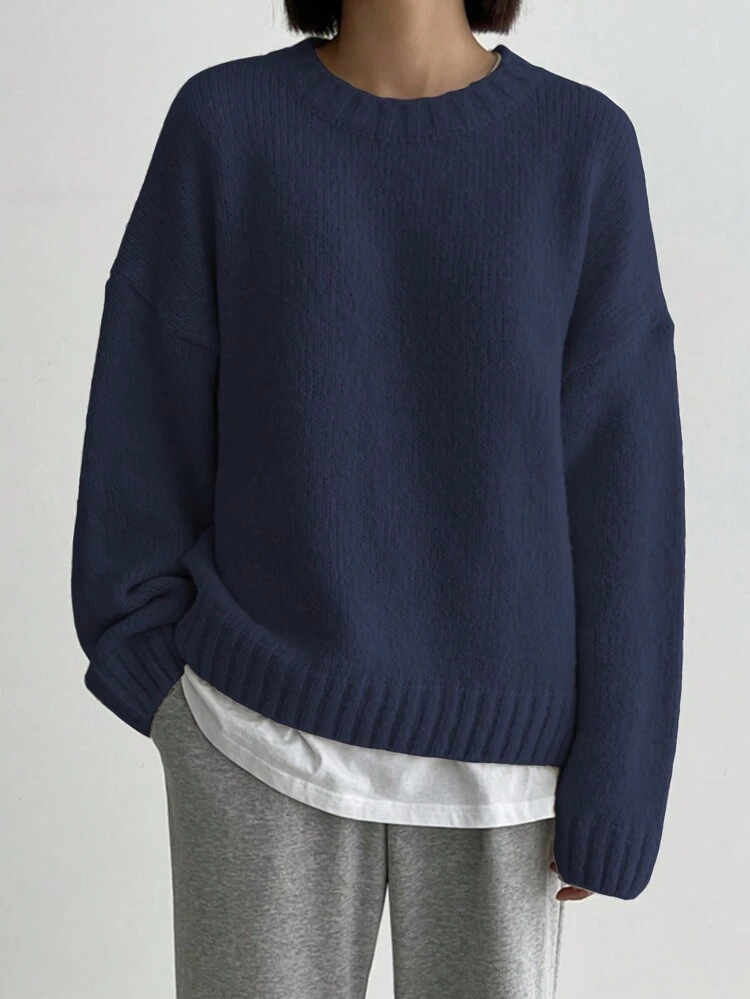 Solid Drop Shoulder Sweater Without Blouse,Long Sleeve Tops,Fall Clothes