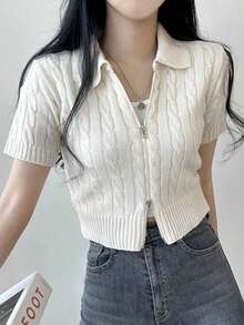 Áo khoác cardigan nữ tay ngắn trơn, kiểu dáng thường ngày, có khóa kéo đôi, màu trắng mùa hè. - trắng - Xem 5