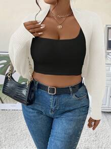 Calvaya 大码女式纯色针织休闲宽松舒适短款开衫，秋冬 - 白色 - 查看 5