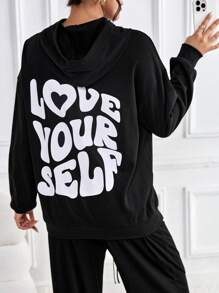 SHEIN Maternity Slogan Graphic Drop Shoulder Hoodie, For Winter - Black - View 1