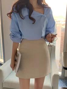 Solid Asymmetrical Neck Button Detail Blouse - Blue - View 3