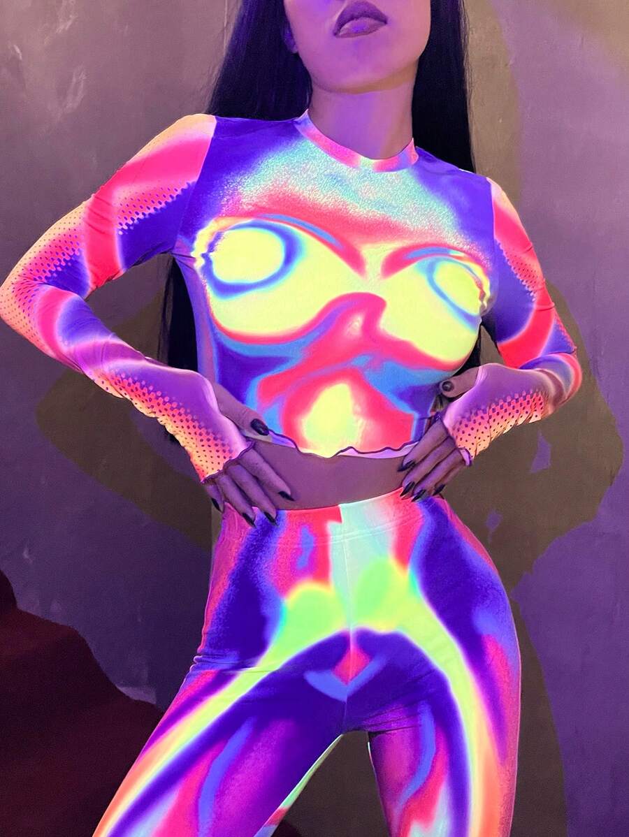 SHEIN ICON 万圣节反光体温图印花露脐T恤，霓虹发光派对 - 彩色 - 查看 1