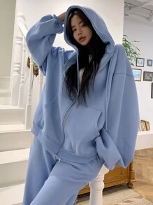 DAZY Của phụ nữ Màu thuần Thả vai Áo nỉ có mũ Với dây kéo - Màu xanh lam - Xem 2