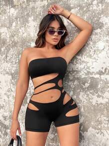 SHEIN SXY Cut Out Tube Unitard Romper - Black - View 3