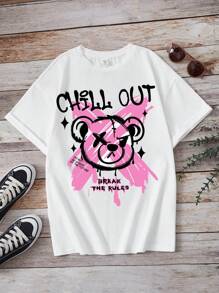 SHEIN Camiseta con estampado de oso de peluche y eslogan para adolescentes, adecuada para uso casual de verano