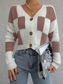 EURMUSE Checker Pattern Drop Shoulder Cardigan - trắng - Xem 4