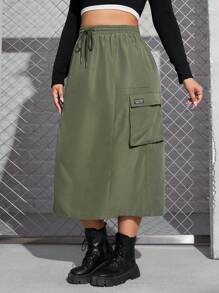 SHEIN EZwear Plus Flap Pocket Drawstring Waist Cargo Skirt - Army Green - View 2
