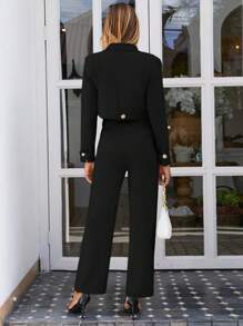 GENKIRA Flap Detail Crop Jacket & Pants - Black - View 2