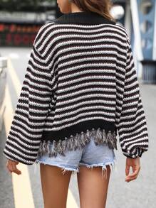 Lunelith SHEIN Lunessa Jersey con patrón de rayas de hombros caídos bajo con fleco