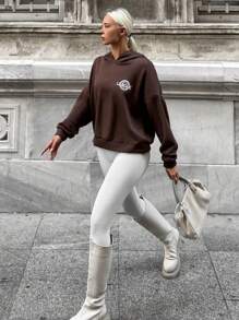 字母圖案落肩袖連帽衫 - 棕色 - 查看 3