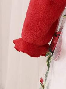 Baby Girl Bow Front Flounce Sleeve Jacket & Floral Embroidery Mesh Overlay Dress