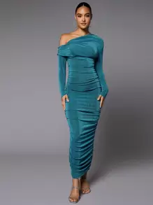 SHEIN BAE 不對稱領褶邊緊身洋裝 - 水鴨藍 - 查看 3