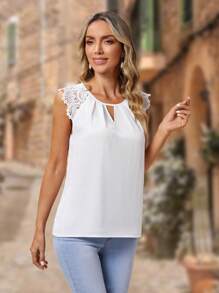 EMERY ROSE Keyhole Neck Guipure Lace Panel Blouse - White - View 3