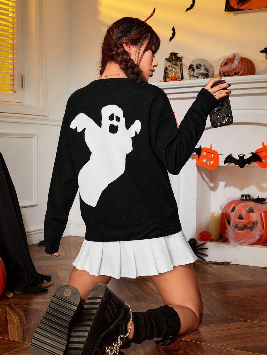 SHEIN Qutie Ma halloween Mẫu Thả vai Áo len - màu đen - Xem 1