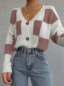 EURMUSE Checker Pattern Drop Shoulder Cardigan - trắng - Xem 3