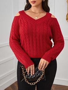SHEIN Essnce Talla grande Jersey de hombros descubiertos tejido de cable - Rojo - Ver 5