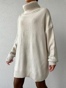 EURMUSE Turtleneck Drop Shoulder Sweater Without Belt - Beige - View 5