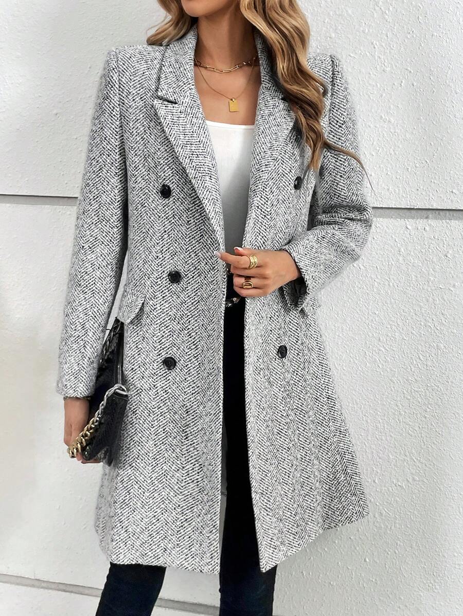 SHEIN LUNE Herringbone Double Breasted Overcoat - Black - View 1