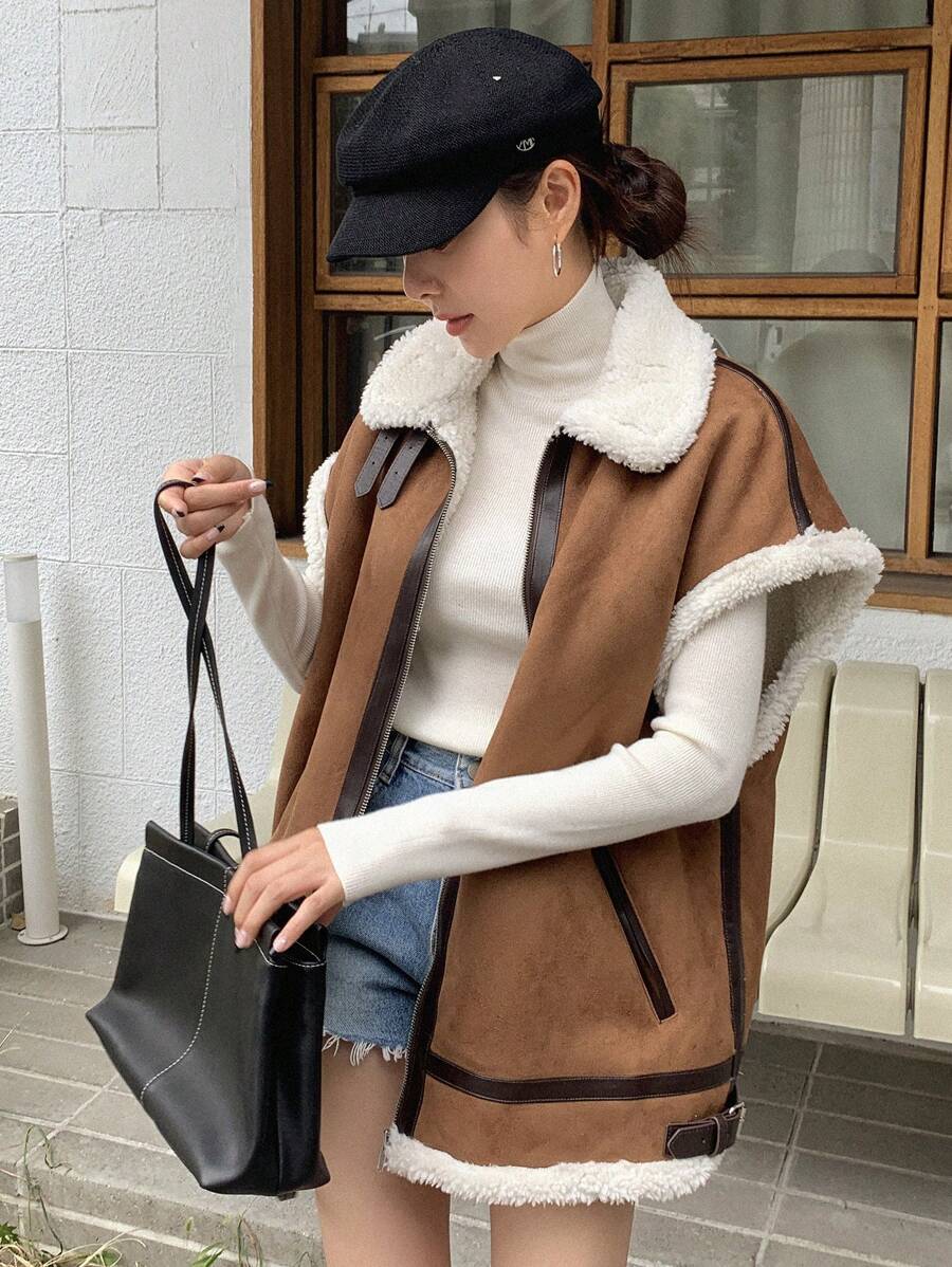 DAZY Contrast Trim Borg Collar Batwing Sleeve Teddy Lined Zipper Vest Jacket,Thermal Lined - Coffee Brown - View 1