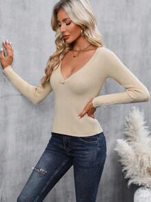 Chiquease Solid Ribbed Knit Pullover Fall Winter Sweater - Apricot - View 5