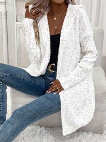 SHEIN LUNE Marled Knit Drop Shoulder Hooded Duster Cardigan - White - View 1