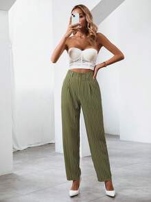 SHEIN Privé 條紋印花高腰西裝褲 - 綠色 - 查看 6