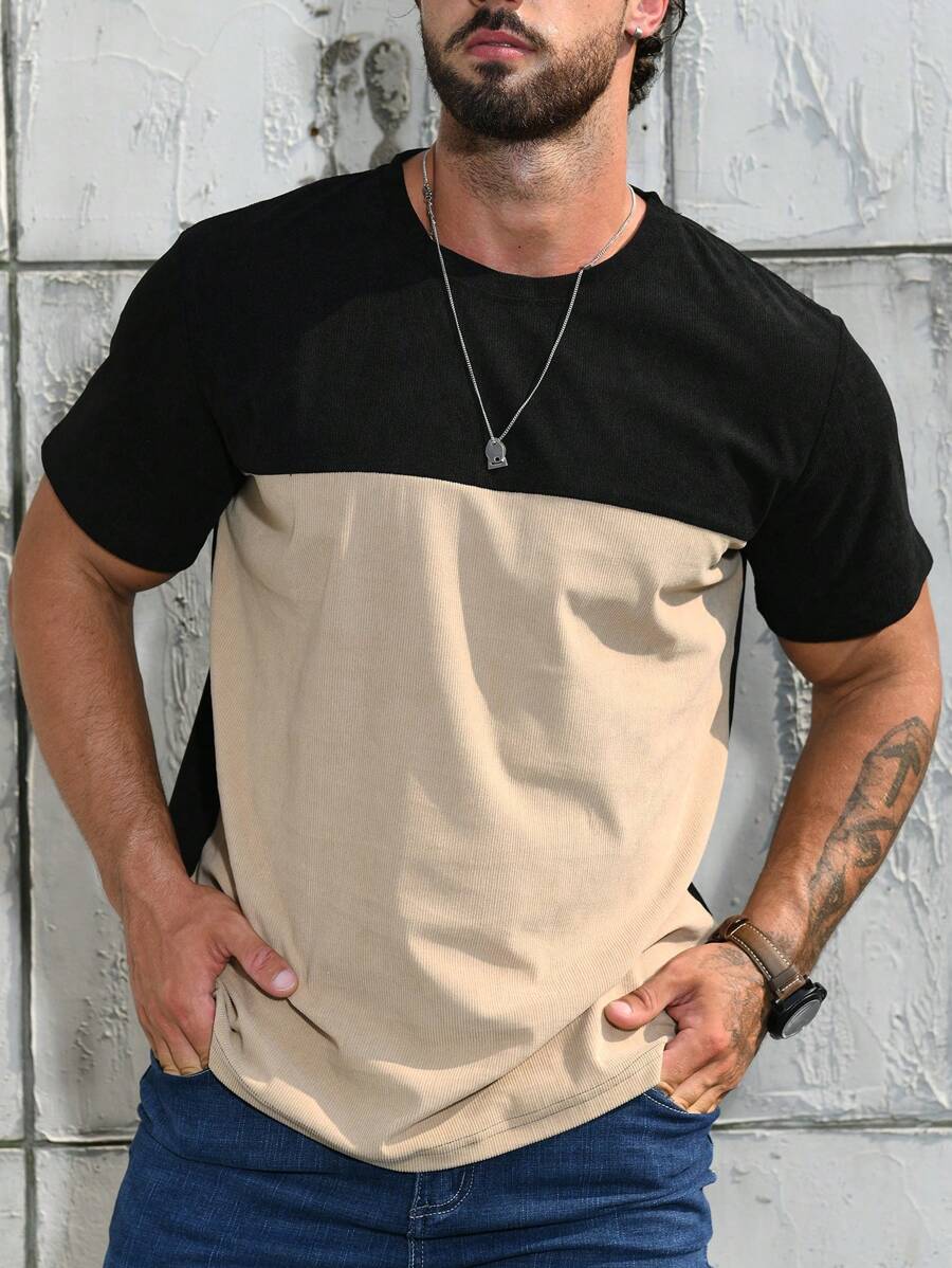 Manfinity Homme Men Two Tone Casual Color Block Short Sleeve Tee, For Going Out,, For Husband - Khaki - View 1